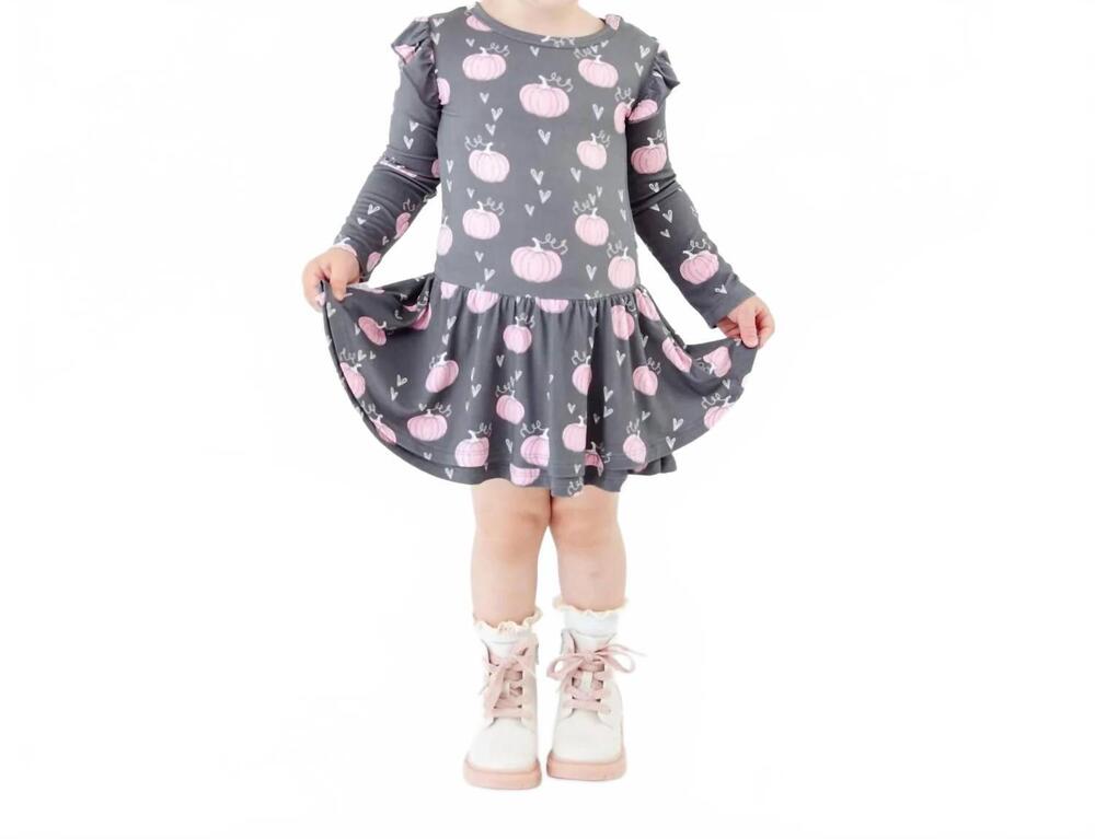 NEW DREAMIERE pumpkin spice and everything nice long sleeve ruffle romper in pin